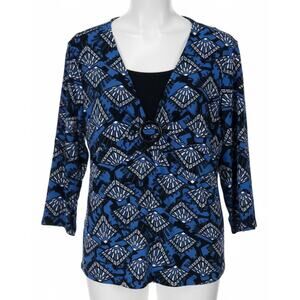JM Collection Women Blouse XL Blue Boho Hippie Colorful All Over Print Office